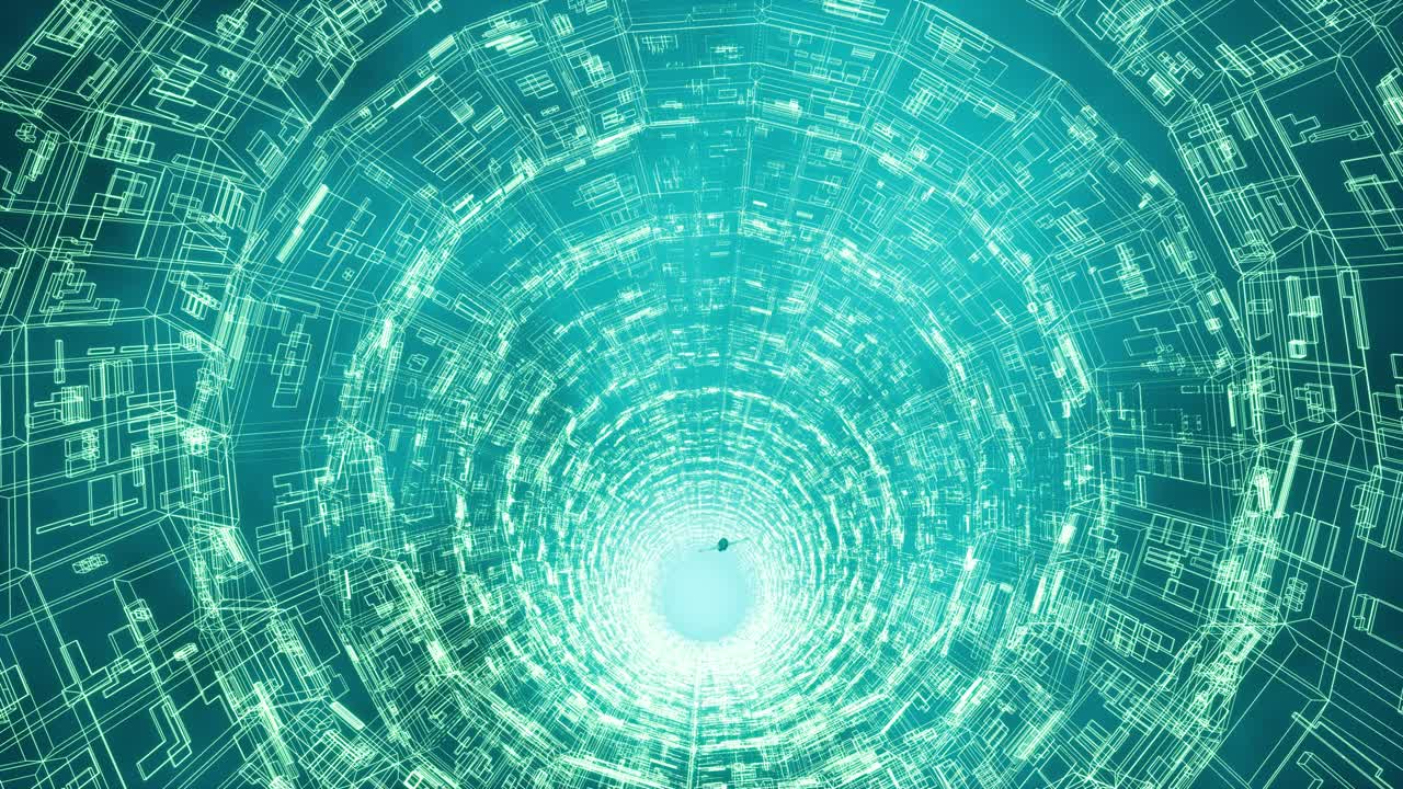 디지털 터널을 날아가는 소녀 3d 애니메이션: 미래의 포털 비디오를 위로 발사 한 젊은 여성: 에 아있는 태양 광선을 가진 네온 라이트 튜브: sci fi 사이버 현실 텔레포테이션 터널 렌더 영상