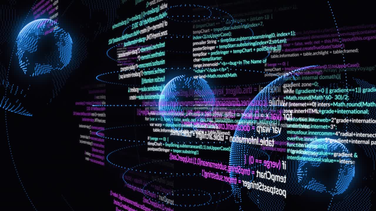 animación de procesamiento de datos y rastros de luz que giran sobre tres iconos de globo sobre fondo negro