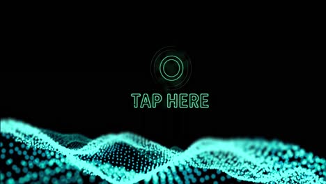 Animation-of-neon-tap-share-text-with-button-over-abstract-waving-mesh-with-blue-spots