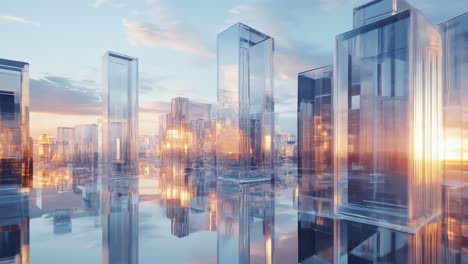 futuristic glass city at sunrise