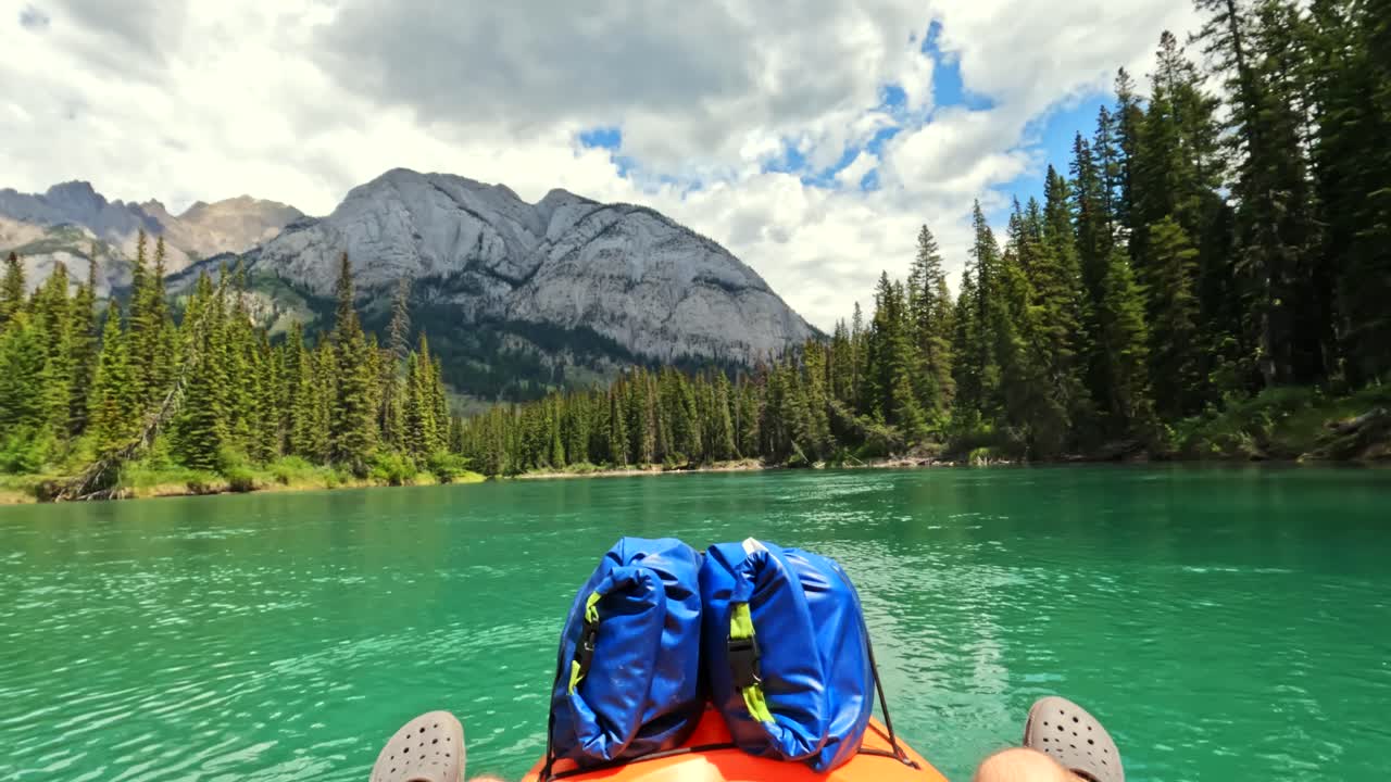 POV 4K action cam captures a kayaker relaxing in their kayak as the Bow River’s gentle currents carry them downstream at a slow pace. The calm flow of the water complements the stunning surroundings.