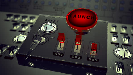 A-retro-launch-control-center-that-monitors-and-controls-missile-launch-facilities.-Animation-of-a-large-red-button-marked-–-Launch-–-on-a-control-metal-console-full-of-electric-switches-and-buttons.