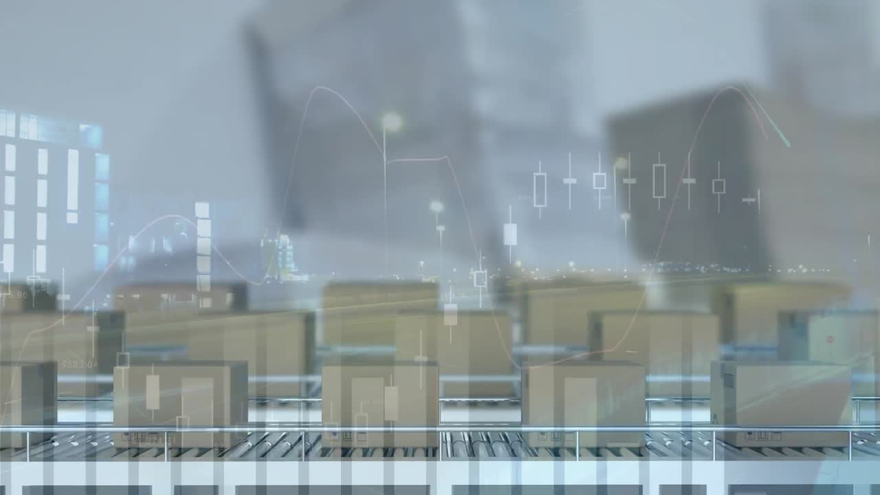 컨베이어 벨트에 있는 카드보드 상자 위에서 통계 처리의 애니메이션