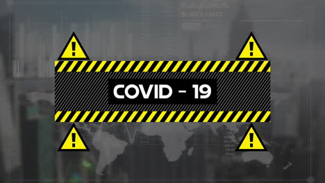 covid-19 text banner and warning symbols against digital interface with data processing