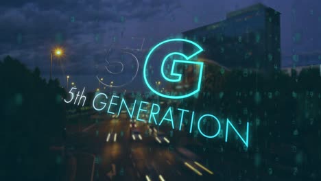 animation of 5g 5th generation text flickering over cityscape in background