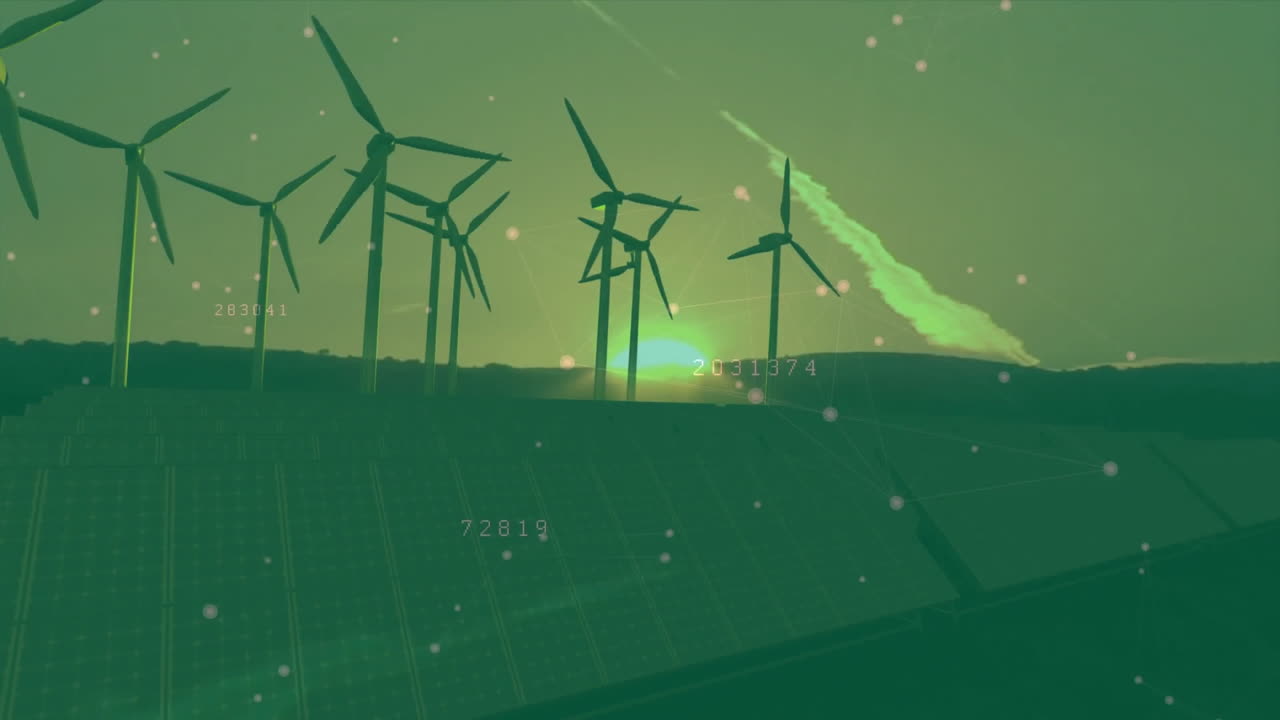 Wind turbines spinning on horizon at sunset, solar panels glowing floating data nodes in 3D render