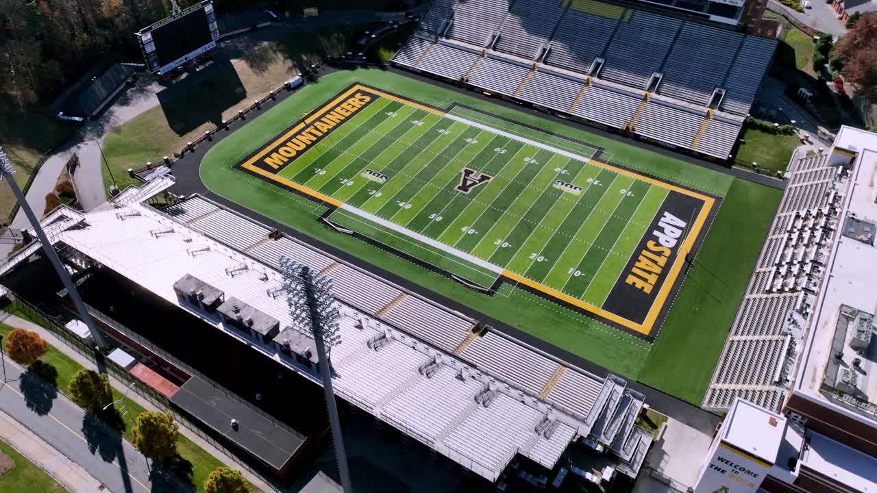 aerial pullout from kidd brewer stadium on appalachian state university campus in boone nc, north carolina
