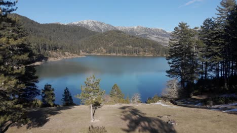 Vista-De-Drones-Aoos-Spring-Lake-Volando-Cerca-De-Los-árboles-Fondo-De-Picos-De-Montaña