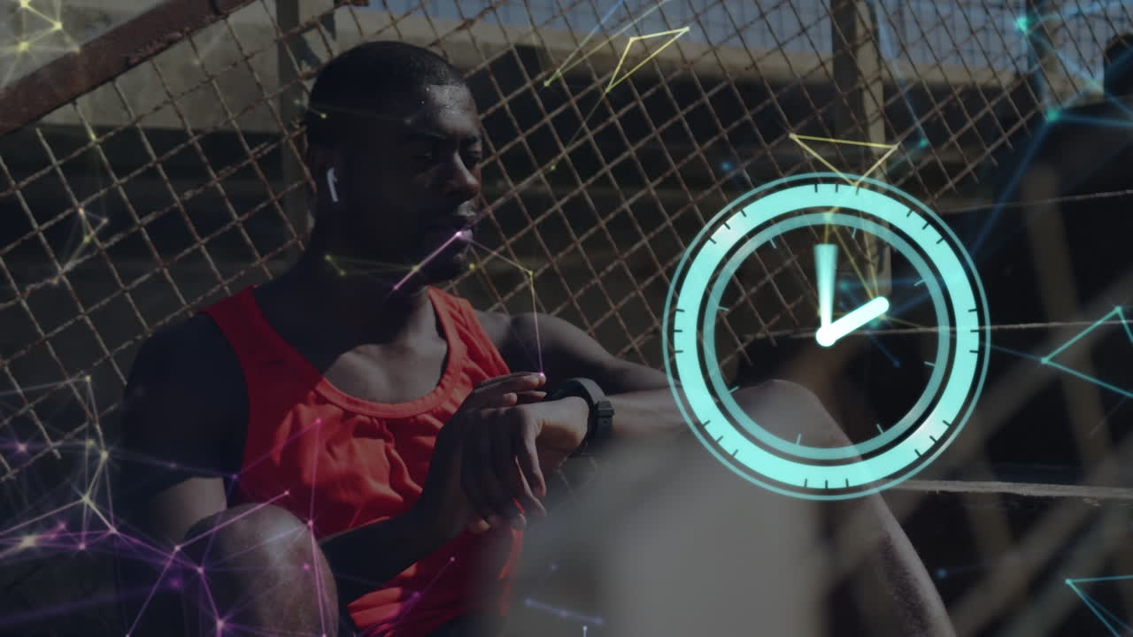 Animation of network of connections and clock over african american sportsman