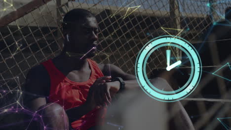 animación de la red de conexiones y reloj sobre deportista afroamericano