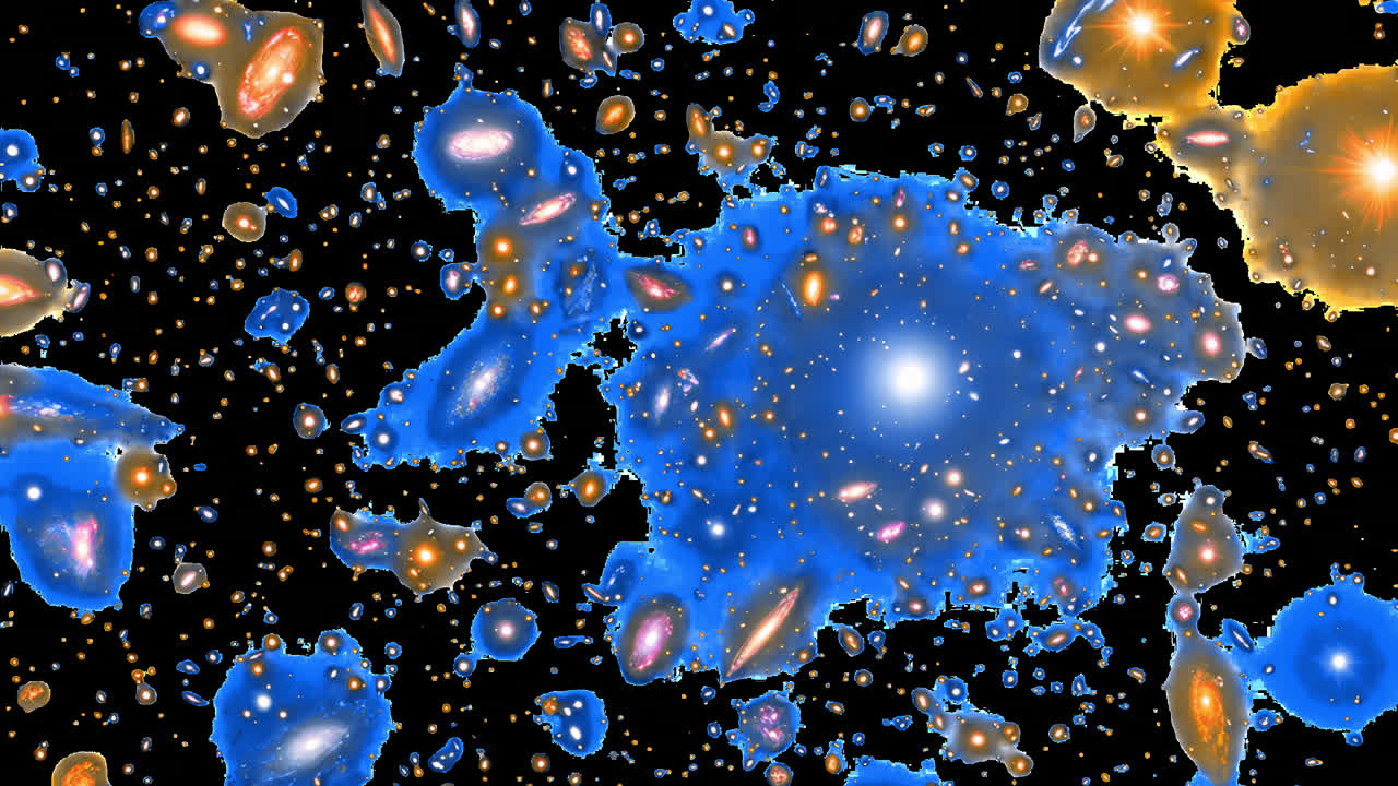 Vast cosmic galaxy cluster scene animated overlay, transparent 4K video, alpha channel, ProRes 4444
