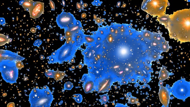 Sovrapposizione animata di una vasta scena di ammasso di galassie cosmiche, video 4K trasparente, canale alfa, ProRes 4444