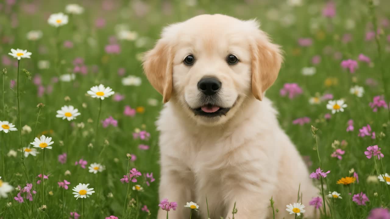A low-angle video captures a fluffy puppy amidst vibrant wildflowers, showcasing a serene