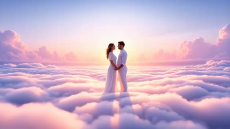 romantic couple in a dreamy cloudscape at sunset