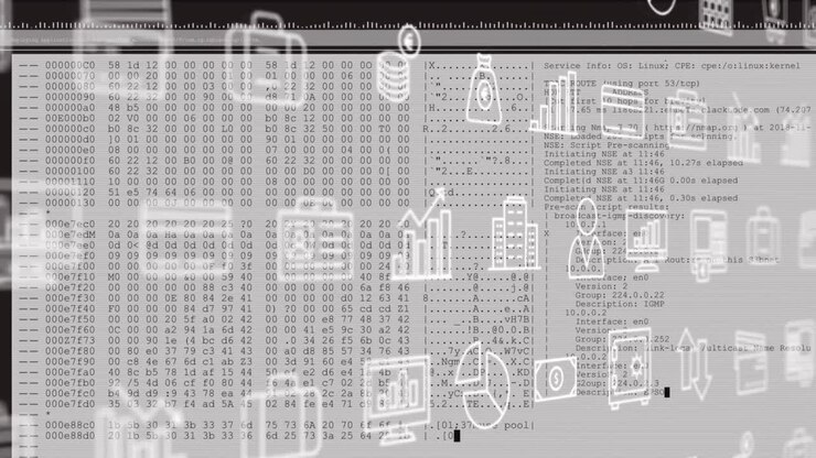 Animation of multiple digital icons moving over data processing against white background