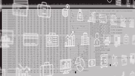 Animation-Mehrerer-Digitaler-Symbole,-Die-Sich-über-Die-Datenverarbeitung-Vor-Weißem-Hintergrund-Bewegen