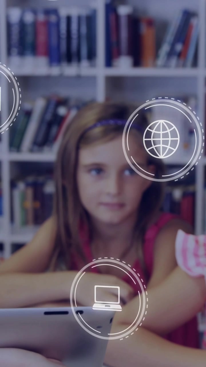 Vertical video: Kids leaning in library at tablet while teacher tapping, using AR icons, learning
