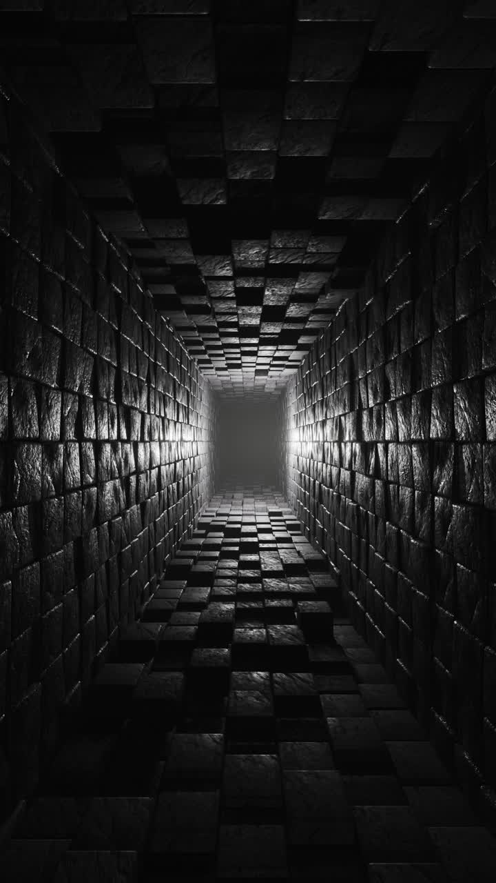 A dark tunnel with light coming out of it. Vertical looped animation