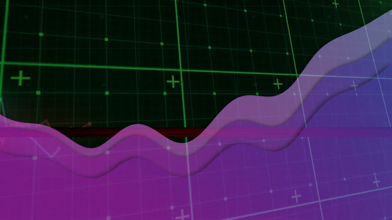Data analysis animation with rising graph and purple waves over grid background