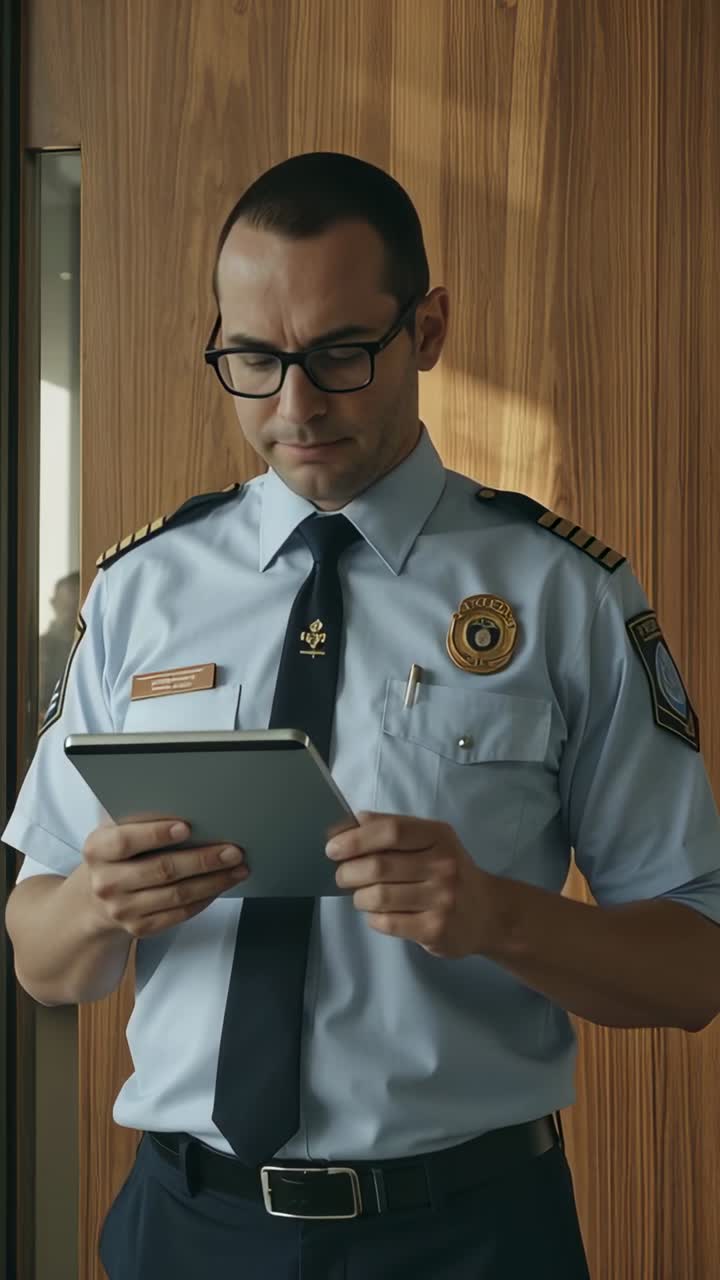 Uniformed security officer reading tablet, getting alert and turning toward off-frame movement