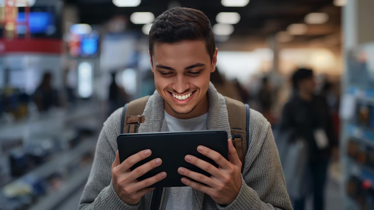 Looking down male holding tablet and viewing screen smiling in transit aisle, grey sweater backpack