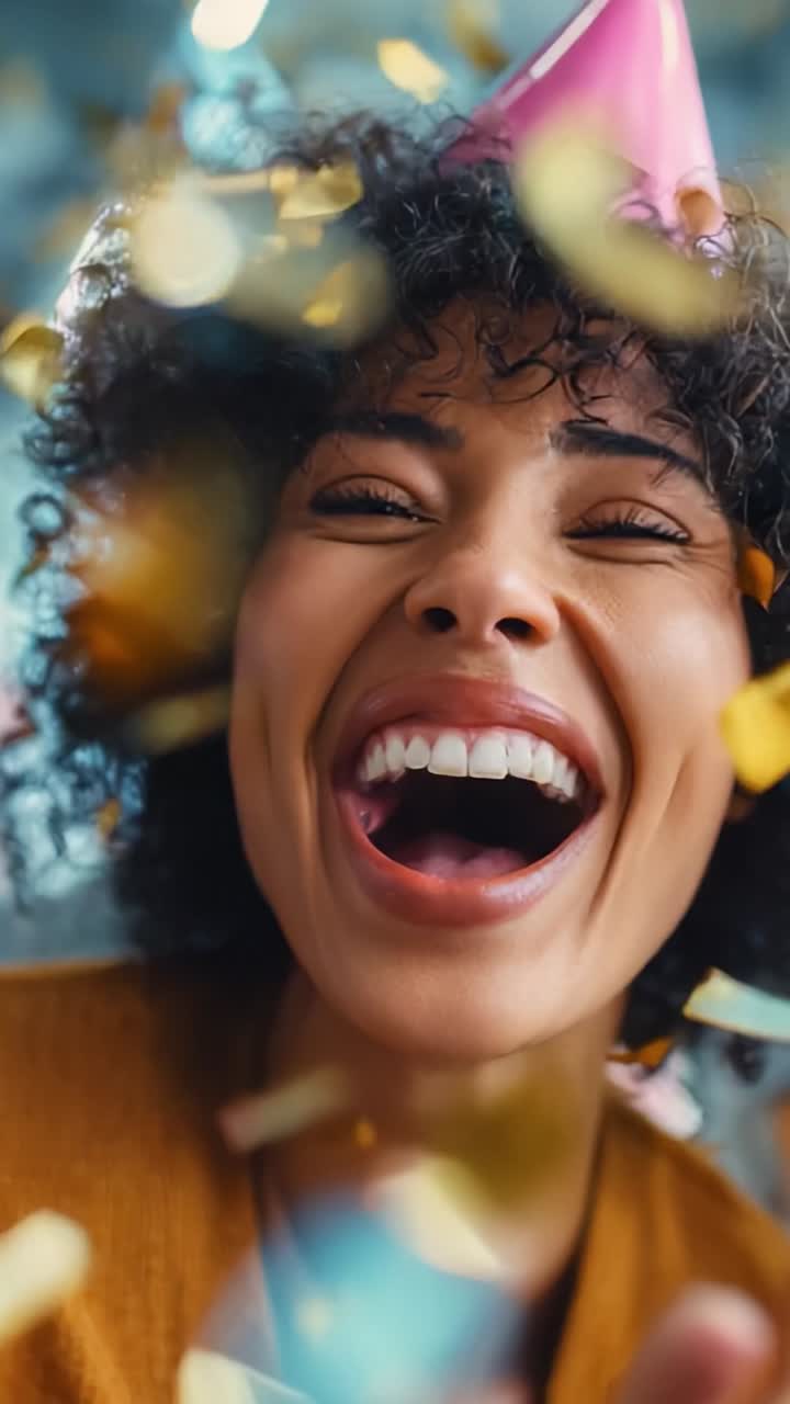 Joyful Celebration: A Woman Enjoys a Fun Party with Laughter, Colorful Confetti, and a Festive Atmosphere Under a Beautifully Decorated Setting