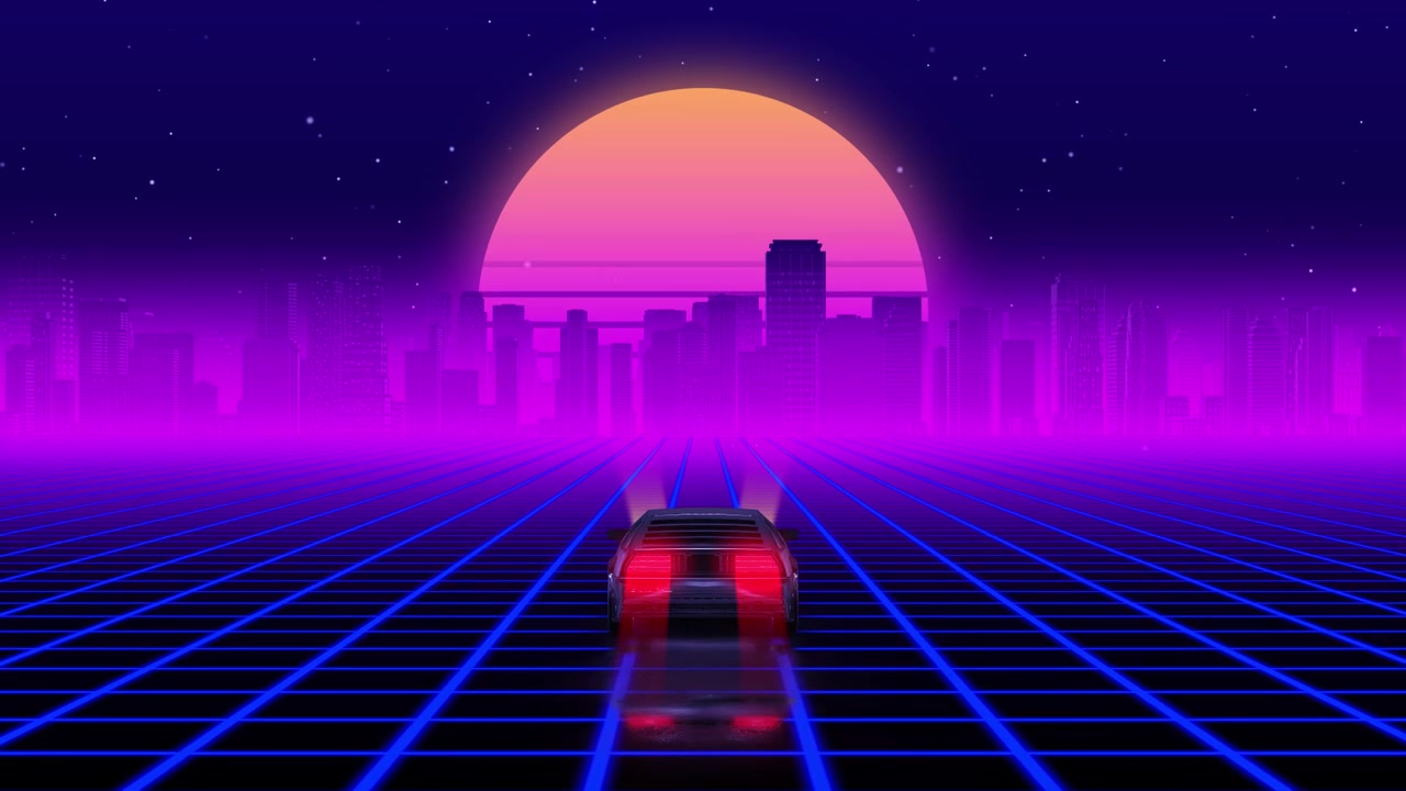 Auto retrò in corsa su strada a griglia al neon con skyline della città synthwave