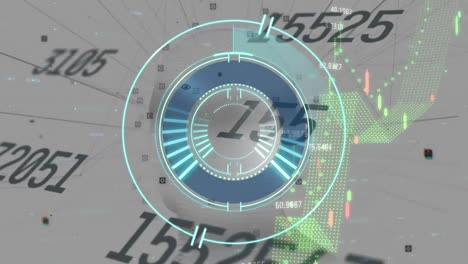 Animation-of-circular-scanner-with-countdown-over-graph-and-data-processing-on-grey