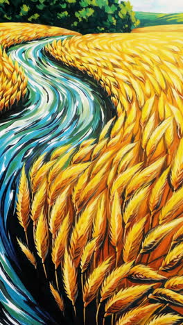 a vibrant painting of a winding blue river through a golden wheat field