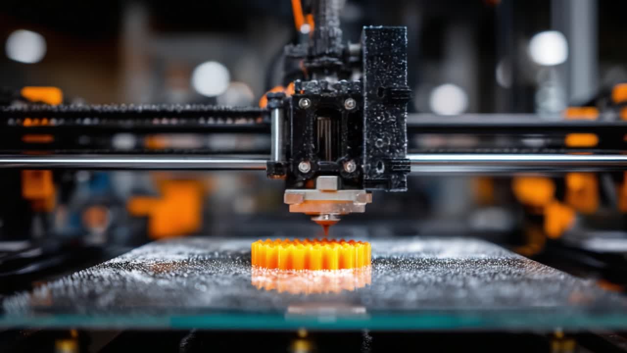 A High-Tech 3D Printer in Action, Demonstrating Precision and Detail as it Creates a Vibrant Yellow Object Layer by Layer on a Transparent Build Plate