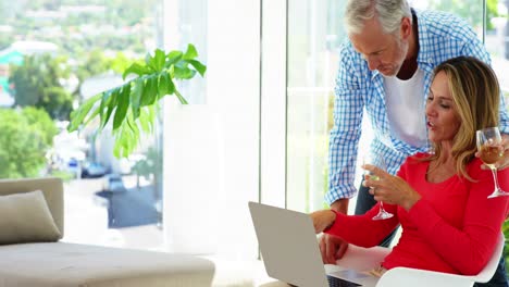 Älteres-Paar-Benutzt-Laptop,-Während-Es-Wein-Im-Wohnzimmer-Trinkt