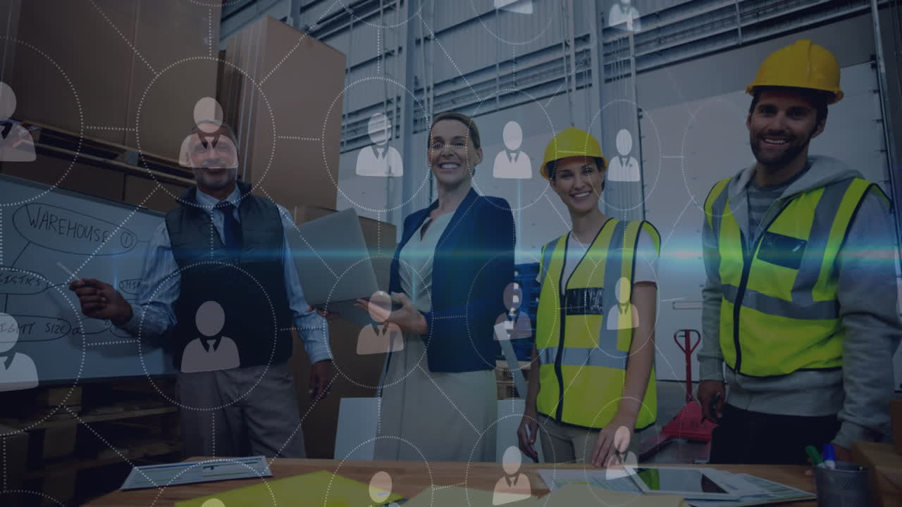 Warehouse Composition People working in the warehouse combined with animation of connecte