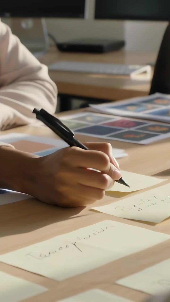 Vertical video: Leaning woman in blazer sorting colors at desk noting picks on notes, copy space