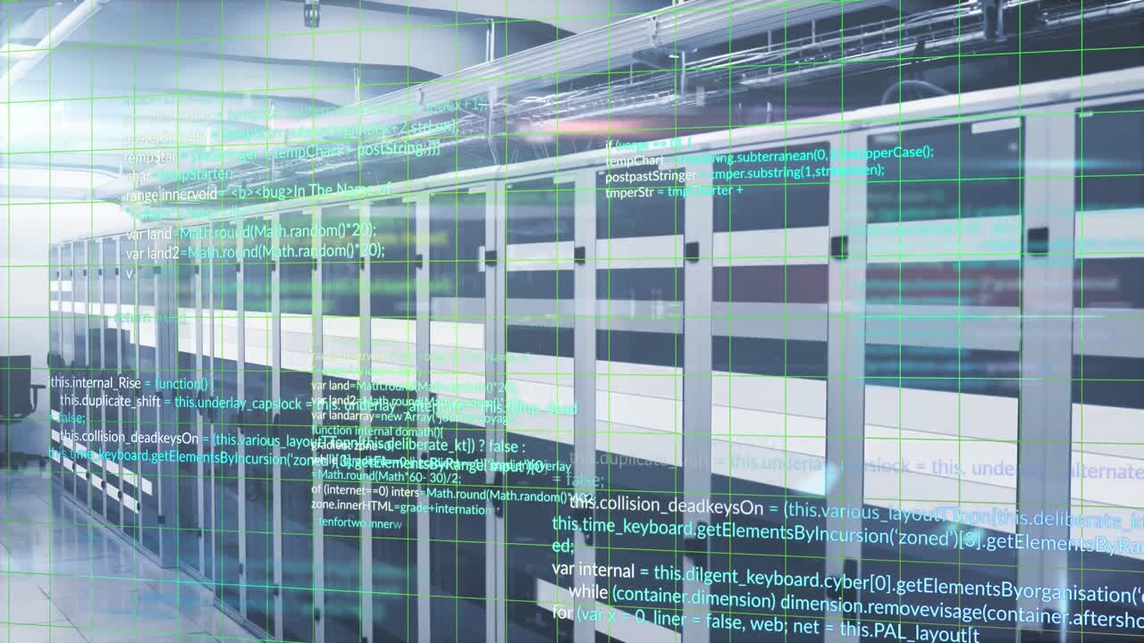Animation of computer language over moving bars on data server racks in server room