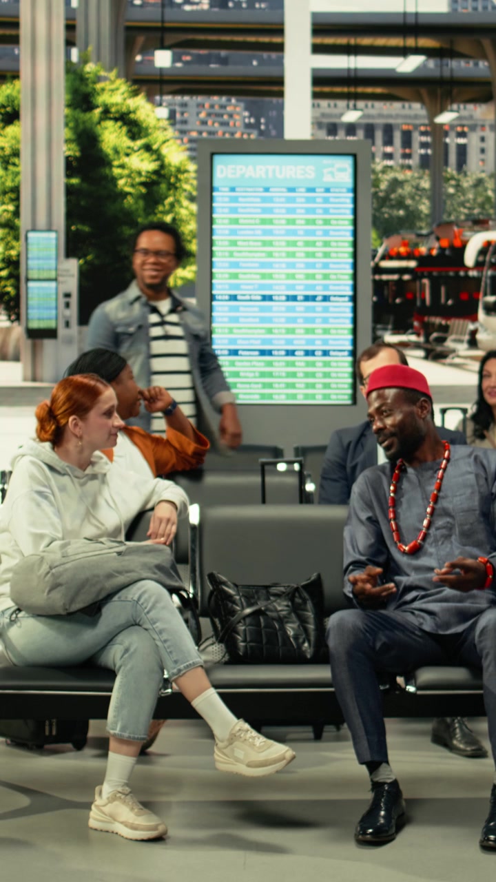 Diverse passengers in busy coach station hall ready for intercity travel