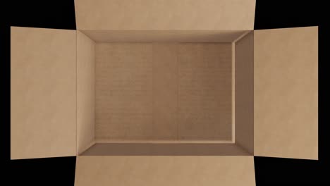 Overhead-of-empty-brown-cardboard-box-with-lid-opening-on-black-background