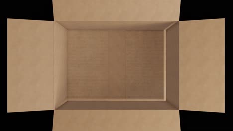 oberkopf einer leeren braunen kartonbox mit deckelöffnung auf schwarzem hintergrund