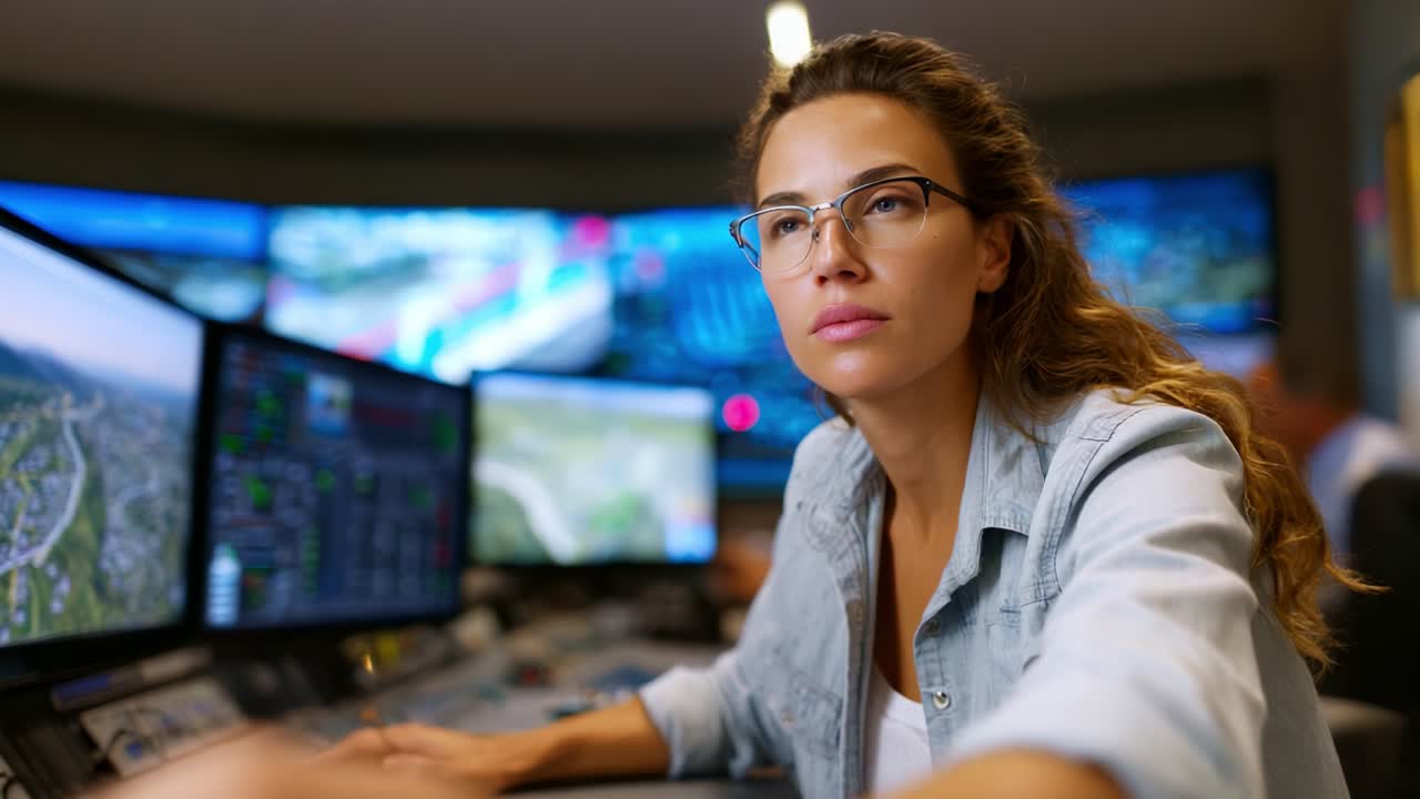 Focused Operator Monitors Multiple Screens in High-Tech Control Room, Captivated by Data and Visualizations for Strategic Decision-Making and Analysis