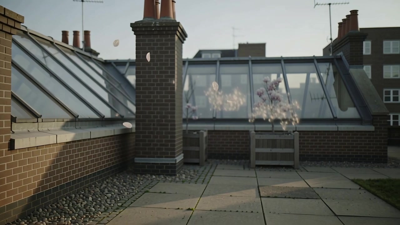 Magnoliablader som løsner fra plantekasse på takterrasse, vindkast fører dem forbi pipe