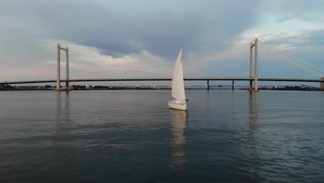 aerial tracking shot of a traditional sailing boat on the upper columbia river