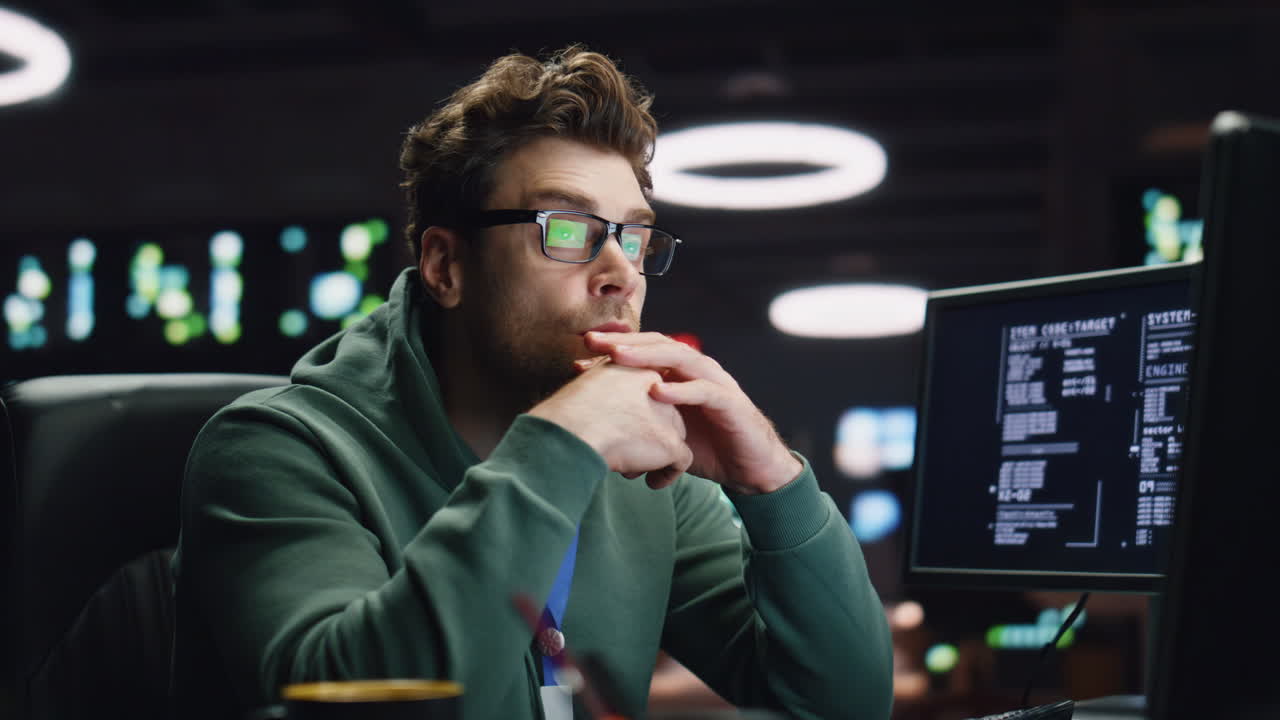 Focused scripter looking computer typing keyboard at night datacenter closeup