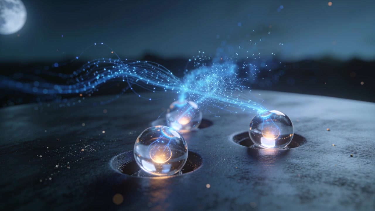 Tre sfere di vetro che emettono nuclei arancioni, inviando fili blu su una pianura illuminata dalla luna a formare un nesso luminoso