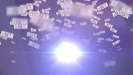 animation of dollar bills rising, with moving spotlight, on dark blue background