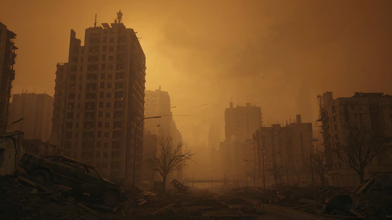 Glowing sun rising through haze, revealing tall ruined tower and burnt cars in urban street