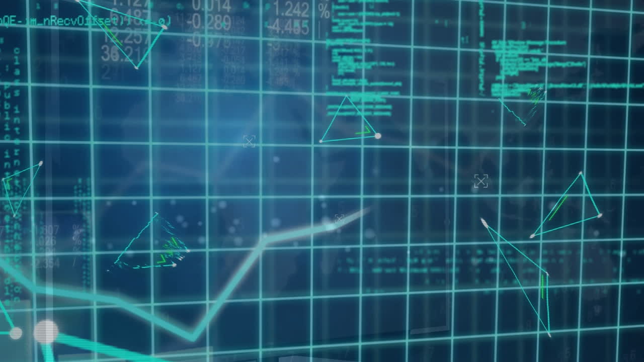 Animation of triangles, graphs and data processing on navy and green digital space