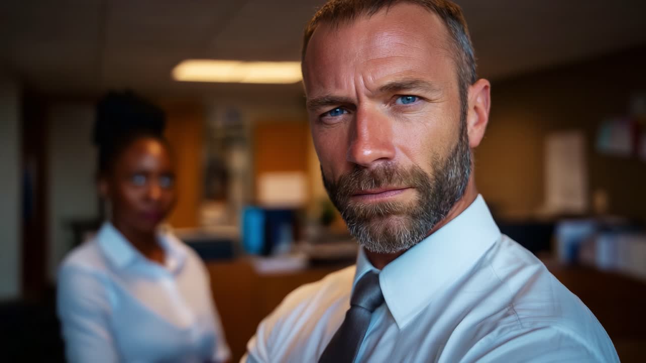 A Serious Business Encounter: Two Colleagues Engaged in a Tense Discussion in an Office Setting, Capturing Their Professional Dynamics and Expressions