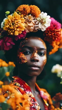 woman with colorful floral crown and face paint