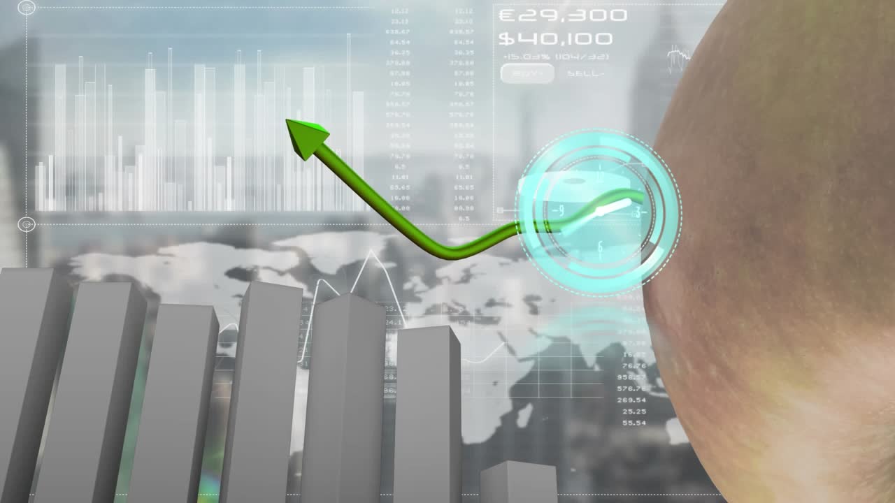 Animation of clock moving fast, green arrow and financial data processing