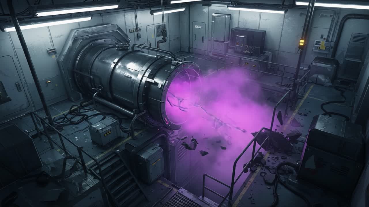 A Futuristic Energy Portal Erupts with Purple Lightning and Smoke in a High-Tech Laboratory Setting Featuring Advanced Machinery and Electrical Chaos