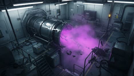 a futuristic energy portal erupts with purple lightning and smoke in a high-tech laboratory setting featuring advanced machinery and electrical chaos